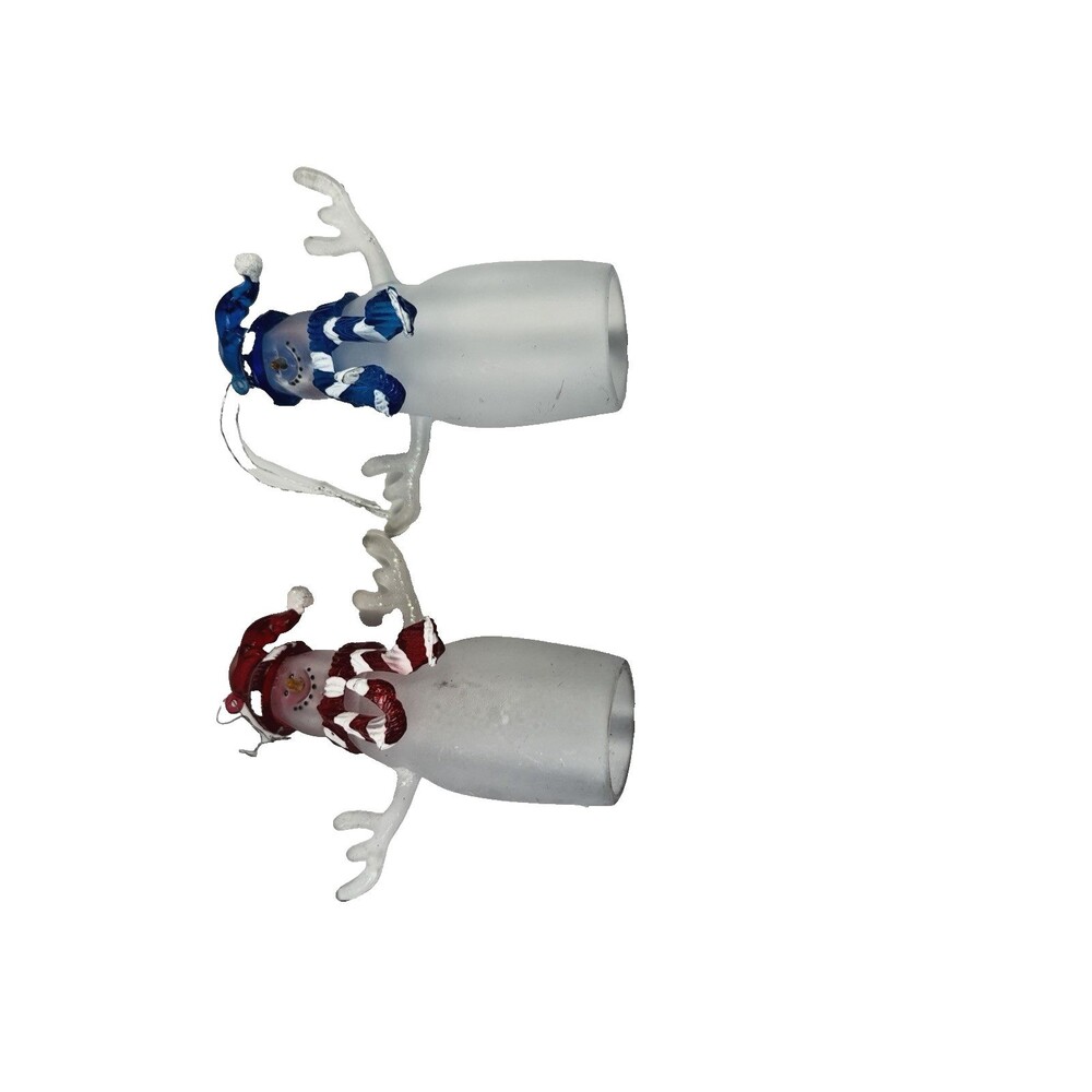 Vintage Frosted Glass Snowman Ornament Set Red Blue Hats Blown Glass Pair 4 ½” - Picture 5 of 8